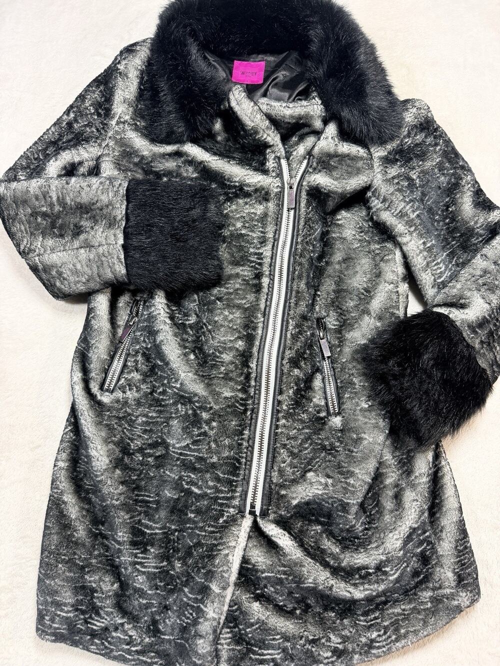 VTG Save The Queen Italy Faux Fur Persian Lamb Coat Moto Mob Wife Goth SZ Lg